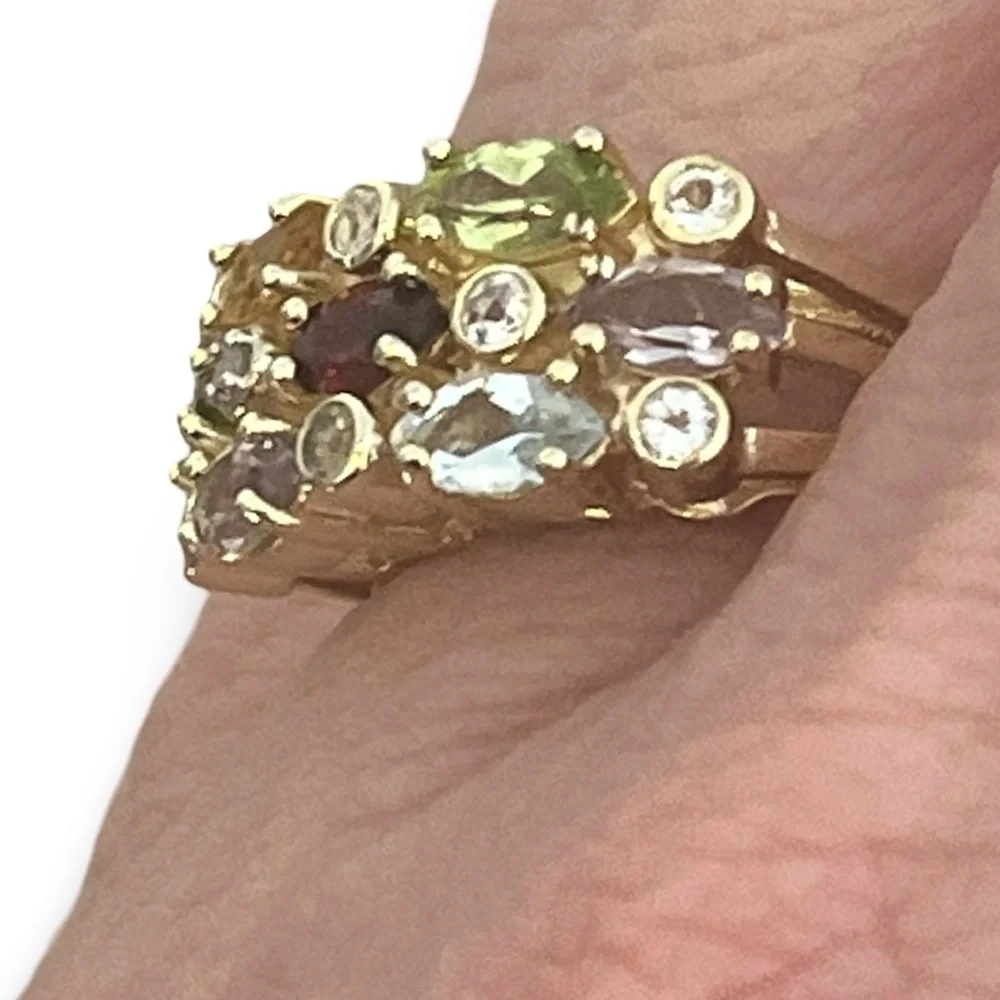 Vermeil Gold Multi-Gemstone Topaz Garnet Amethyst  Peridot Citrine Ring Size 8